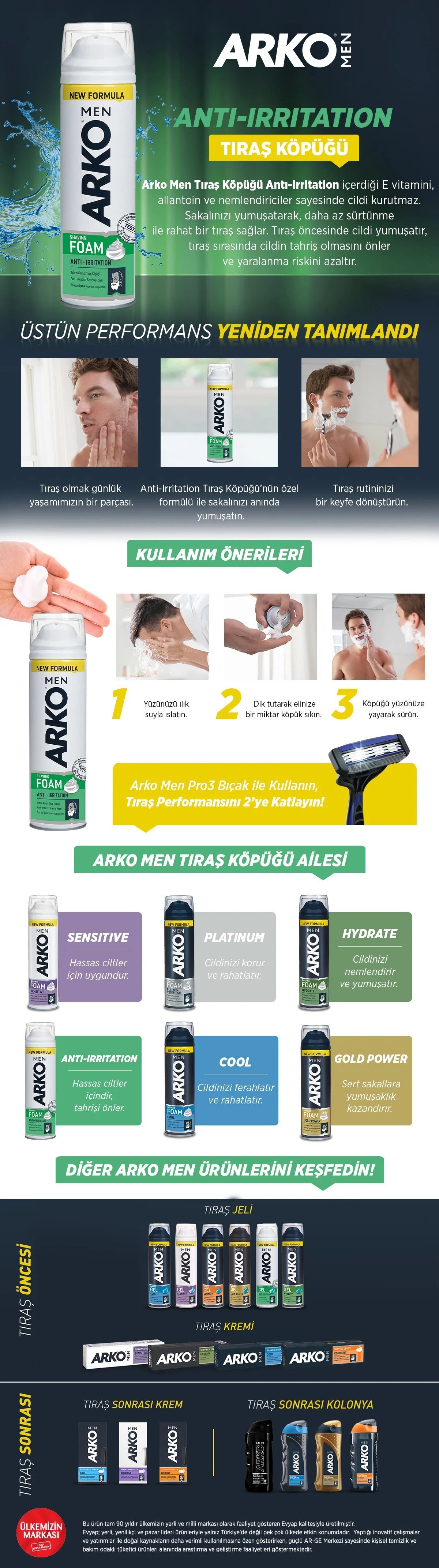 Arko Men Tıraş Köpüğü Anti Irritation Tahriş Önleyici 200 Ml